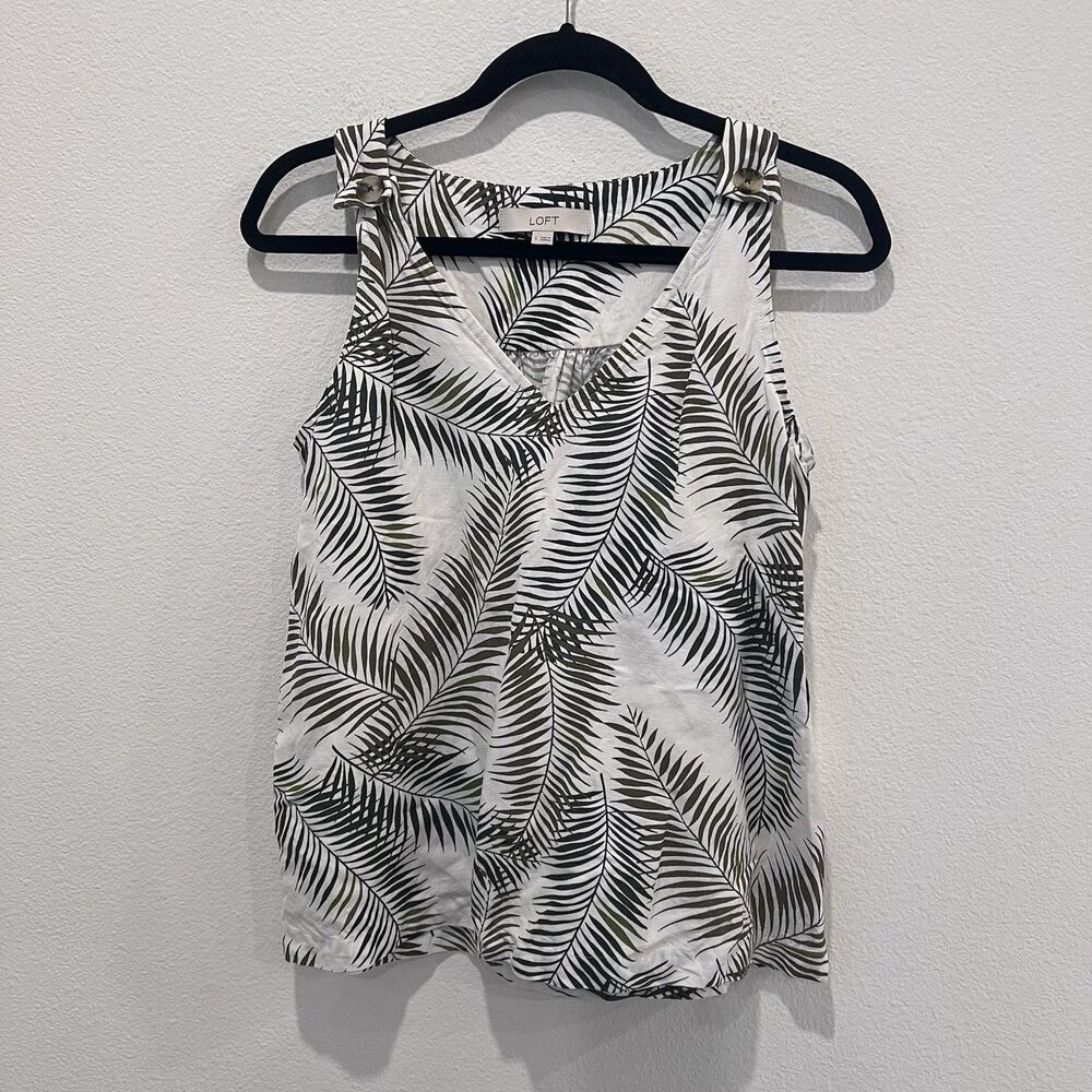 Ann Taylor LOFT Women's Linen-Blend Sleeveless Top Fern Print Button Shoulders S